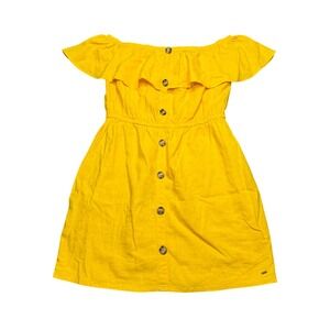 Guess Yellow Dress Off Shoulder Linen Blend Ruffle Button Summer Mini Dress sz L